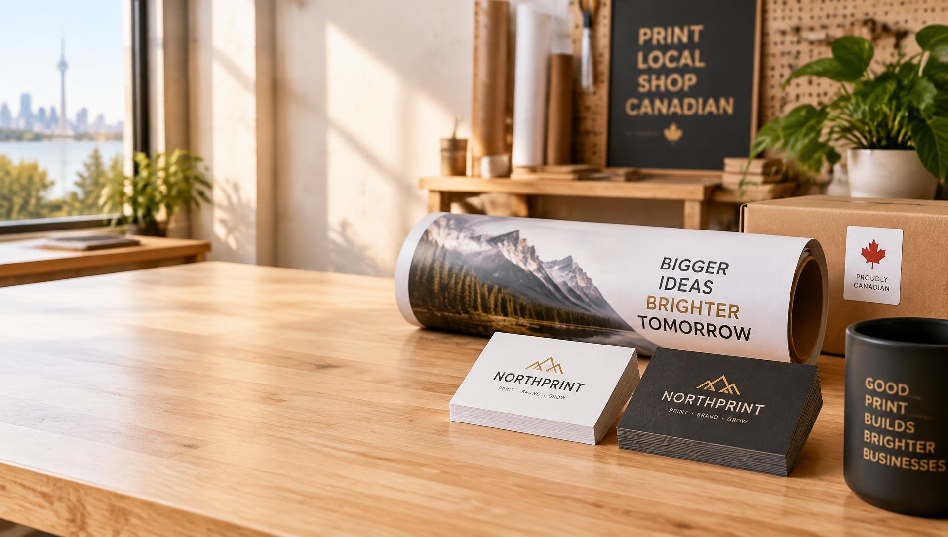 Printed products ready to ship from a Canadian workshop